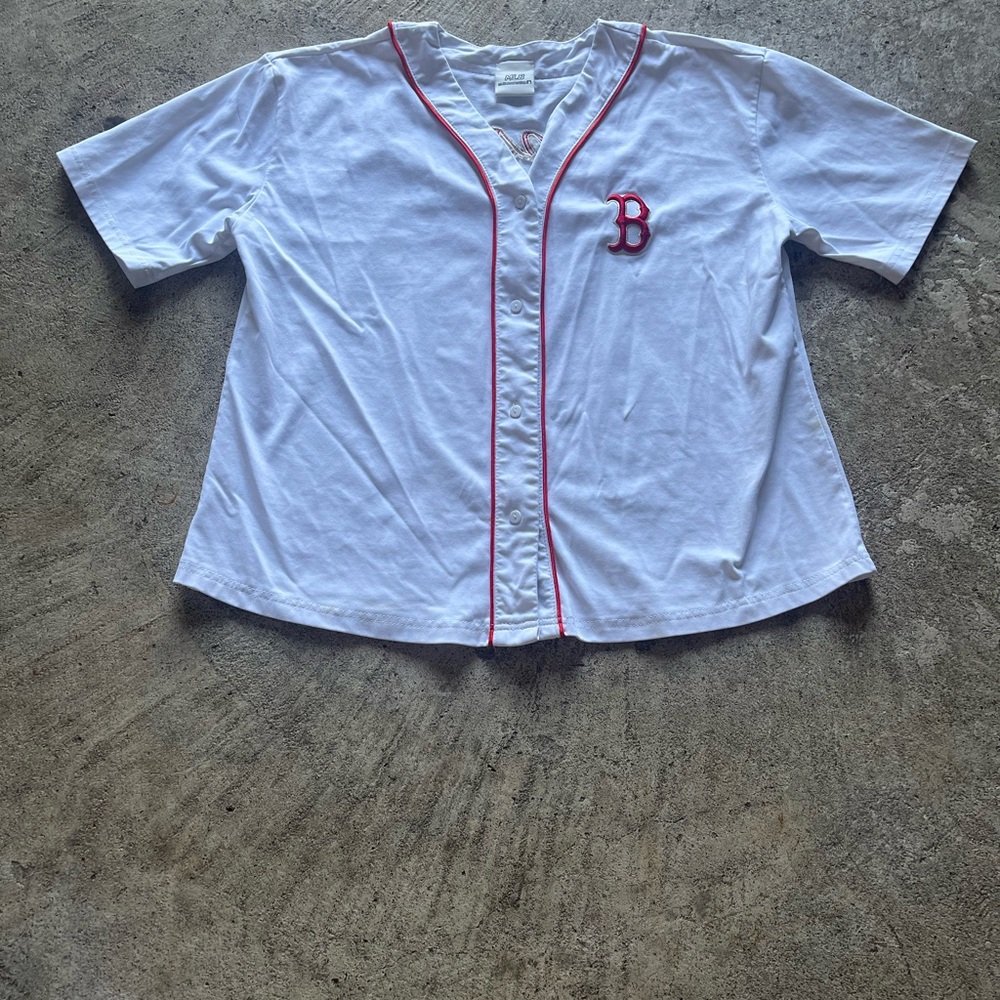 Vintage MLB White Short Sleeve Button-Up Jersey with Red Trim and Boston B Patch